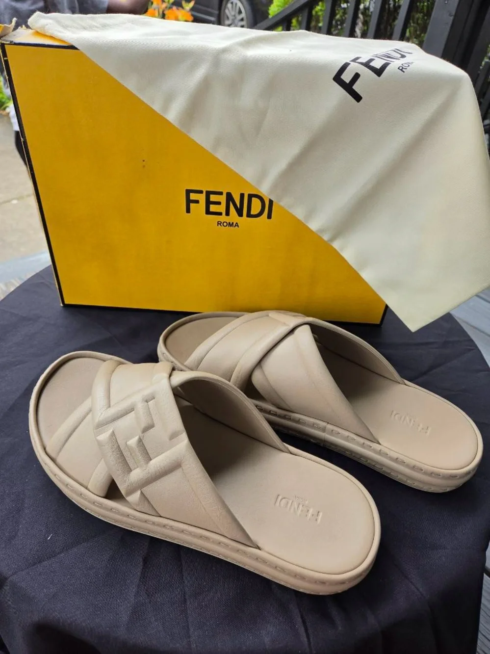 Fendi Cream Crisscross Leather Slide Sandals